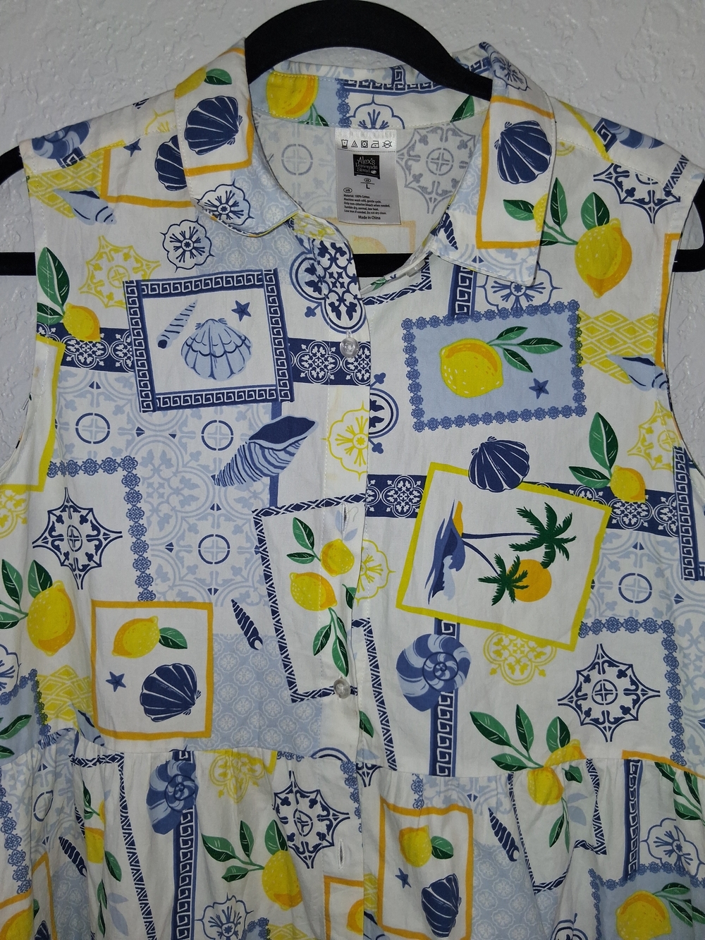 Alex's Lemonade Stand Womens L Dress Cotton Lemon Tile Coastal Amalfi Button